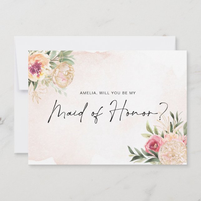 Peony and Gold Bloom Maid of Honor Flat Card (Front)