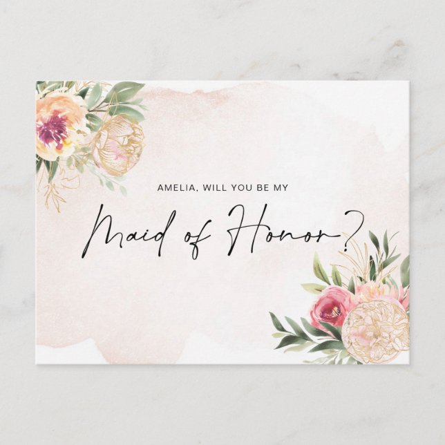 Peony and Gold Bloom Maid of Honor Post Card (Front)