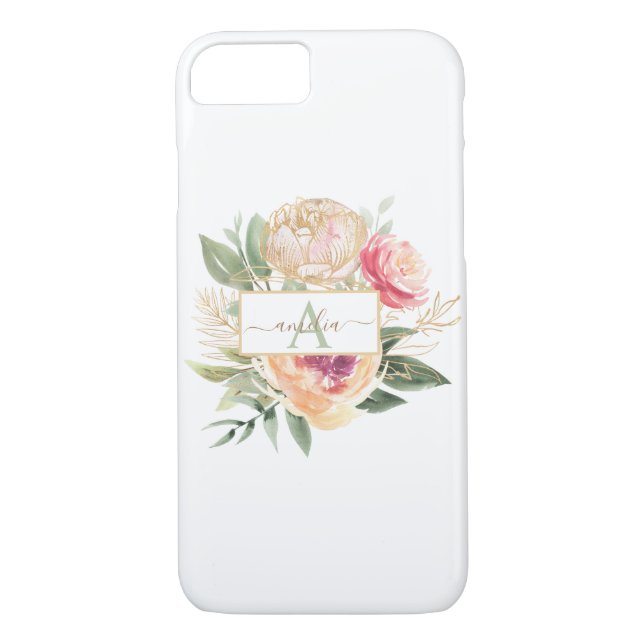 Peony and Gold Bloom Monogram Name Case-Mate iPhone Case (Back)