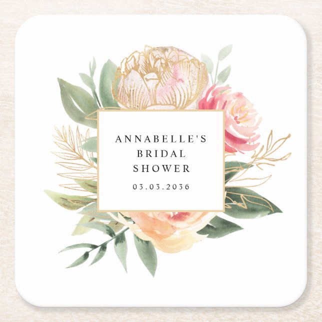 Peony and Gold Flowers Bridal Shower Coaster (Front)