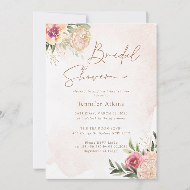Peony and Gold Flowers Bridal Shower Invitation (Front)