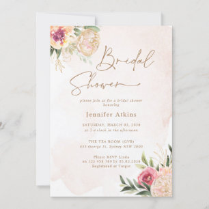 Peony and Gold Flowers Bridal Shower Invitation
