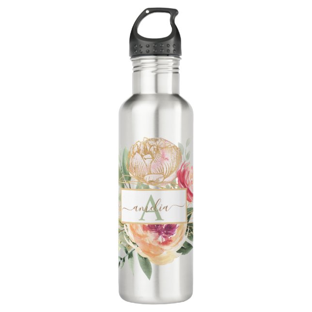 Peony and Gold Flowers Monogram Name 710 Ml Water Bottle (Front)