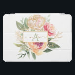 Peony and Gold Flowers Monogram Name iPad Pro Cover<br><div class="desc">Designed to coordinate with our Peony and Gold collection, this customizable matching monogram iPad cover features luscious pink and gold peony flowers with green foliage with classic lettering. For more advanced customization of this design, please click the "CUSTOMIZE" button above. Please note, gold foil is a printed effect and not...</div>