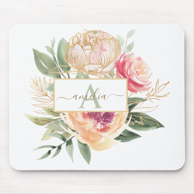 Peony and Gold Flowers Monogram Name Mouse Mat (Front)
