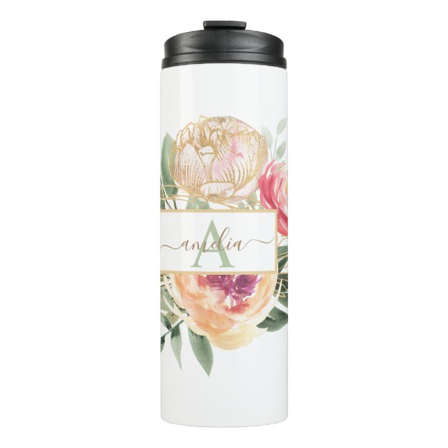 Peony and Gold Flowers Monogram Name Thermal Tumbler (Front)