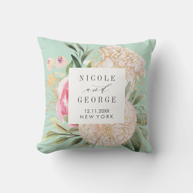 Peony and gold flowers monogram wedding keepsake cushion (Front)