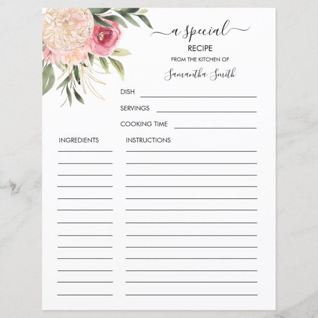 Peony and Gold Flowers Name Recipe Card (Front)