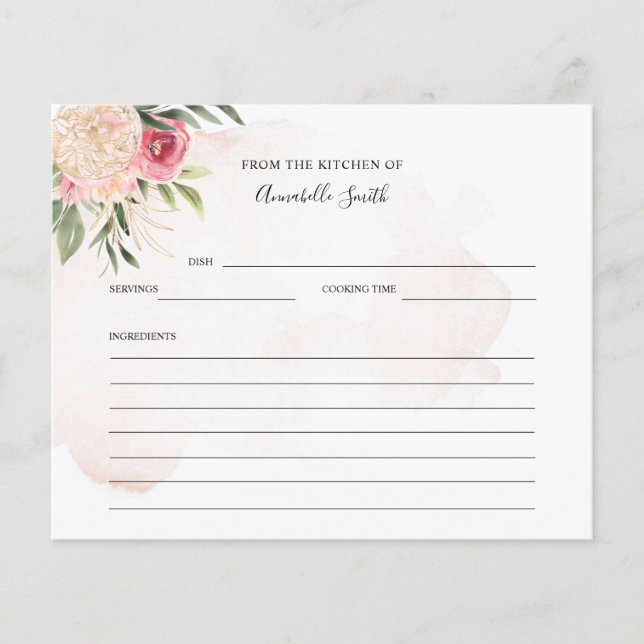 Peony and Gold Flowers Name Recipe Card (Front)