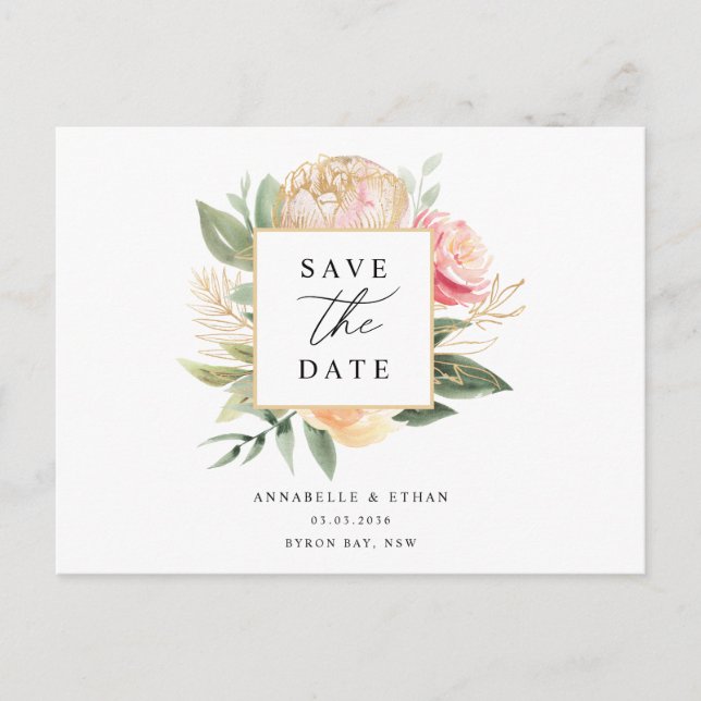 Peony and Gold Flowers Save the date postcard (Front)