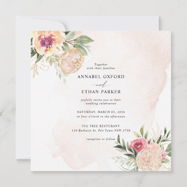 Peony and Gold Flowers Square Wedding Invitation (Front)