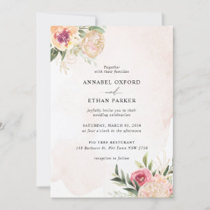 Peony and Gold Flowers Wedding Invitation