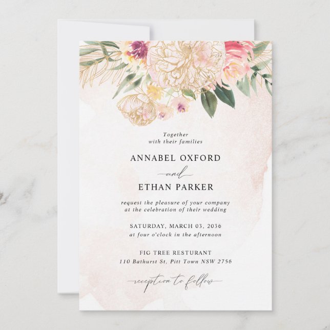 Peony and Gold Flowers Wedding Invitation (Front)