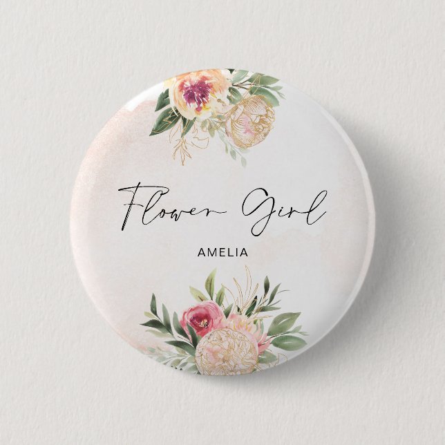 Peony and Gold Foil Bloom Flower Girl Badge (Front)