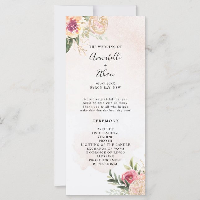 Peony and Gold Foil Bloom Wedding Ceremony Program (Front)