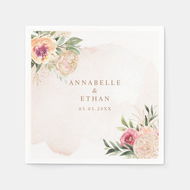Peony and Gold Foil Bloom Wedding Napkin (Front)