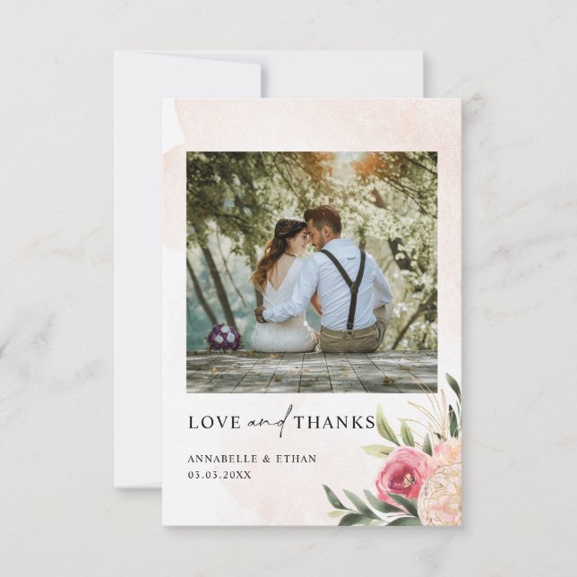 Peony and Gold Foil Bloom Wedding Thank You Card (Front)