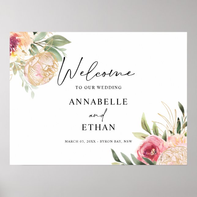Peony and Gold Foil Bloom Welcome Sign (Front)