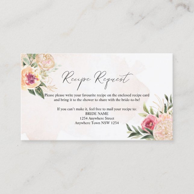 Peony and Gold Foil Flowers Recipe Request Card (Front)
