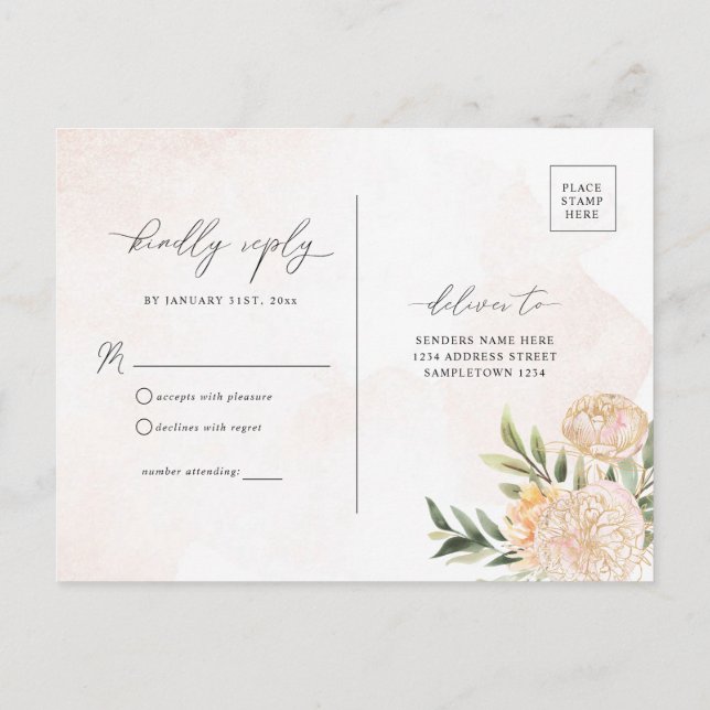 Peony and Gold Foil Flowers RSVP Postcard (Back)
