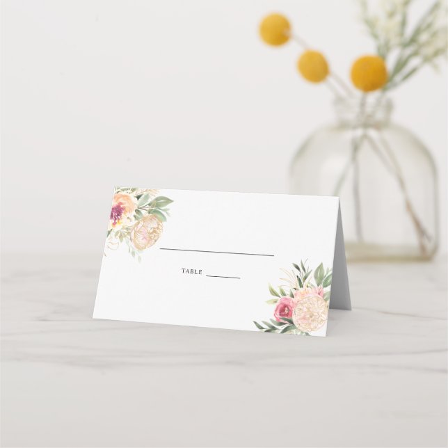 Peony and Gold Foil Flowers Wedding Place Card (Front)
