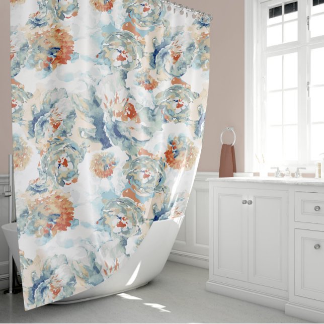 Peony And Hydrangea Blooms Autumn Colours Shower Curtain (Peony And Hydrangea Blooms in Fall Colors Shower Curtain by Jenn Steffen Art for Studio Posies.)