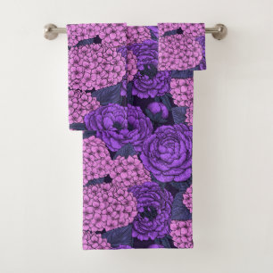 Peony and hydrangea in pink and violet bath towel set
