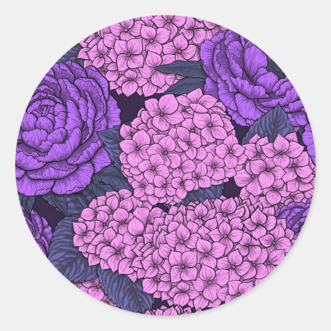 Peony and hydrangea in pink and violet classic round sticker (Front)