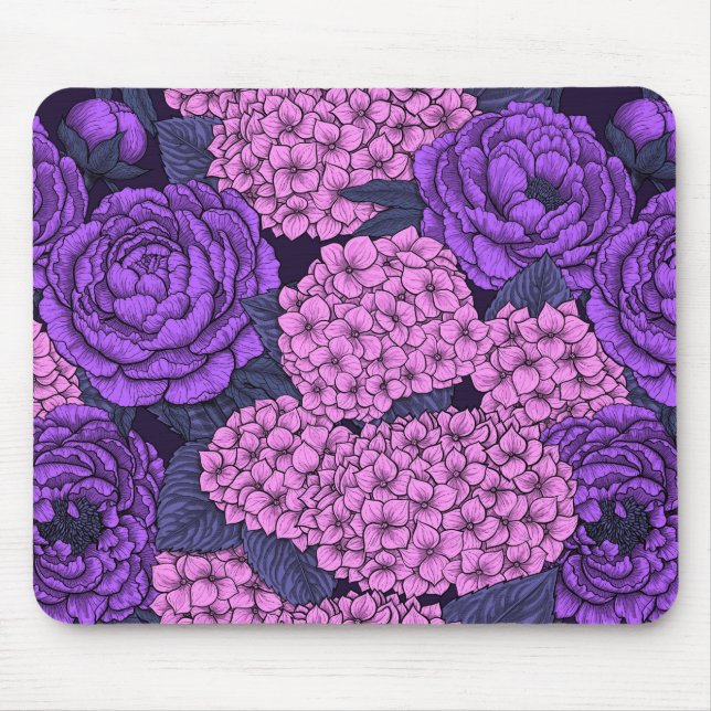 Peony and hydrangea in pink and violet mouse mat (Front)