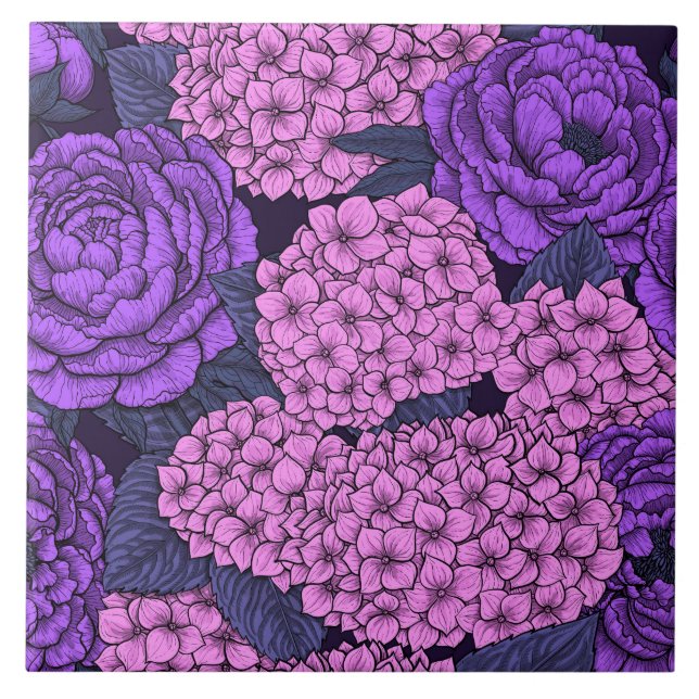 Peony and hydrangea in pink and violet tile (Front)