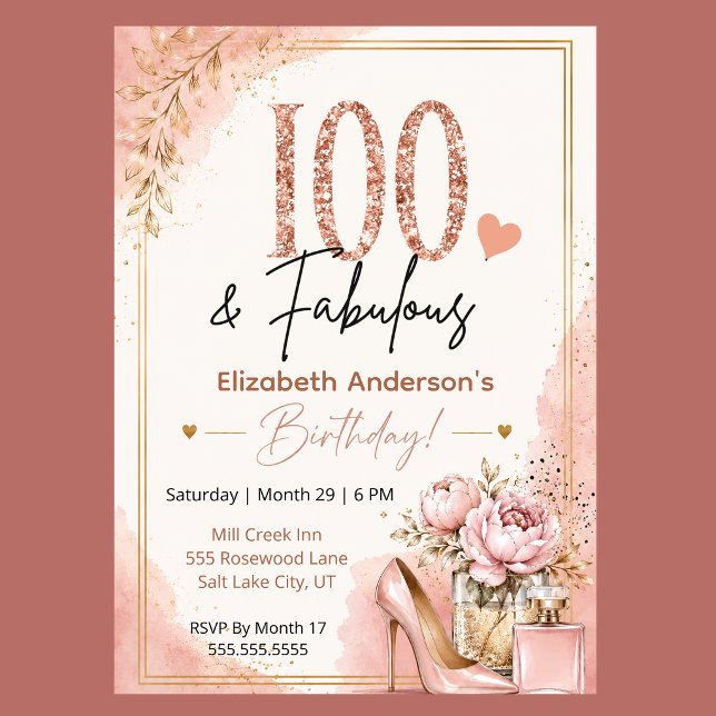 Peony and Perfume Fabulous 100th Birthday Invitation (Blush pink rose gold 100 and Fabulous floral birthday invitation with feminine glam style
)