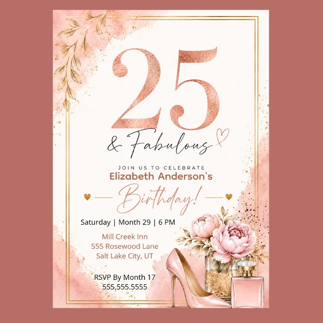 Peony and Perfume Fabulous 25th Birthday Invitation (Elegant 25th birthday invitation with blush pink watercolor, rose gold glitter, and peony flowers,)