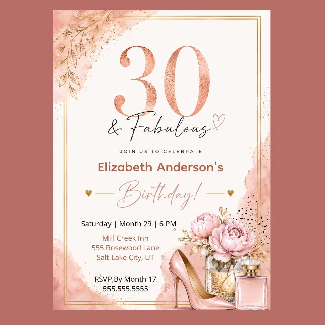 Peony and Perfume Fabulous 30th Birthday Invitation (Elegant 30th birthday invitation with blush pink watercolor, rose gold glitter, and peony flowers,)