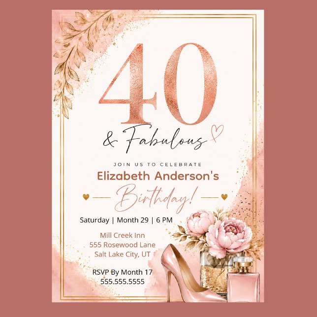 Peony and Perfume Fabulous 40th Birthday Invitation (Elegant 40th birthday invitation with blush pink watercolor, rose gold glitter, and peony flowers,)