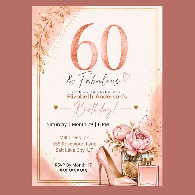 Peony and Perfume Fabulous 60th Birthday Invitation (Elegant 60th birthday invitation with blush pink watercolor, rose gold glitter, and peony flowers,)