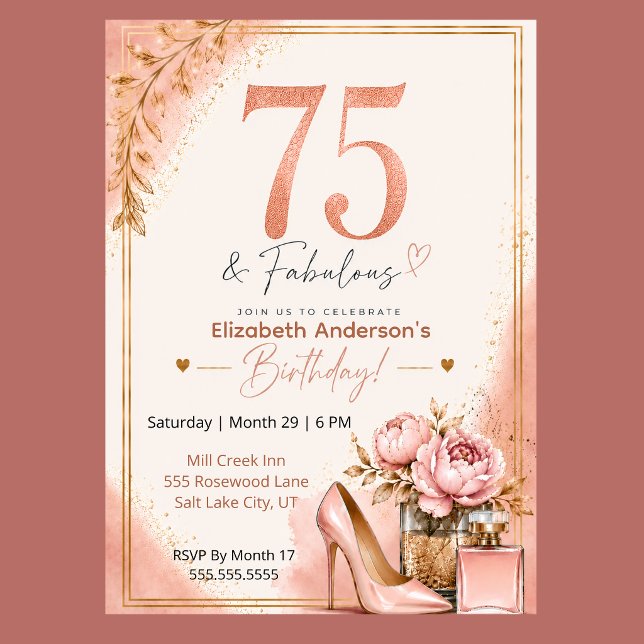 Peony and Perfume Fabulous 75th Birthday Invitation (Elegant 75th birthday invitation with blush pink watercolor, rose gold glitter, and peony flowers,)