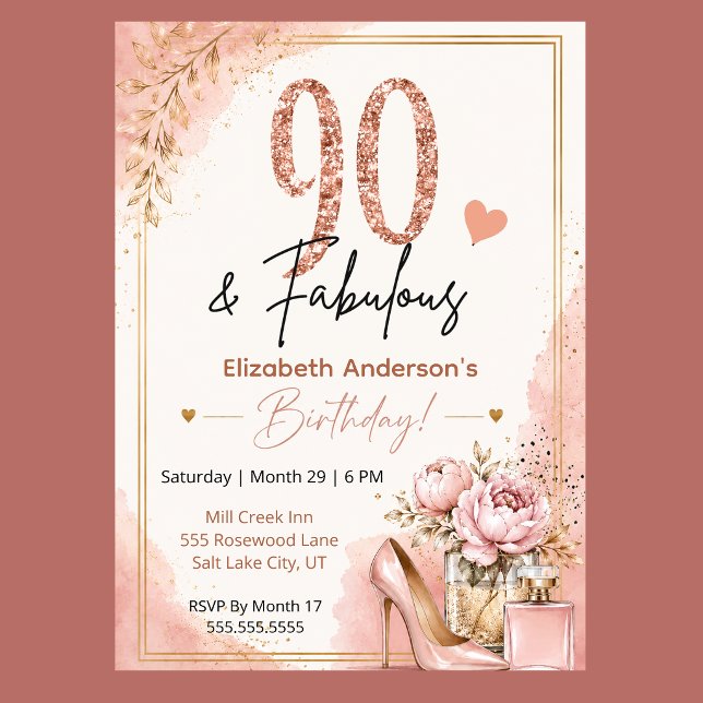 Peony and Perfume Fabulous 90th Birthday Invitation (Elegant 90th birthday invitation with blush pink watercolor, rose gold glitter, and peony flowers,)