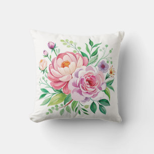 Peony and Roses Watercolor Floral Bouquet Cushion