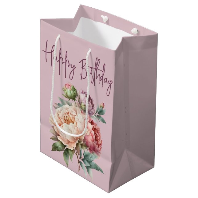 Peony Birthday Bouquet on Pink Medium Gift Bag (Front Angled)