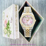 Peony Bliss  Watch<br><div class="desc">This woven pattern of floral design,  blooms bright,  in peony-like blossoms,  of pink,  and white,  with green leaves-highlighted,  in colours of olive,  and brown.</div>
