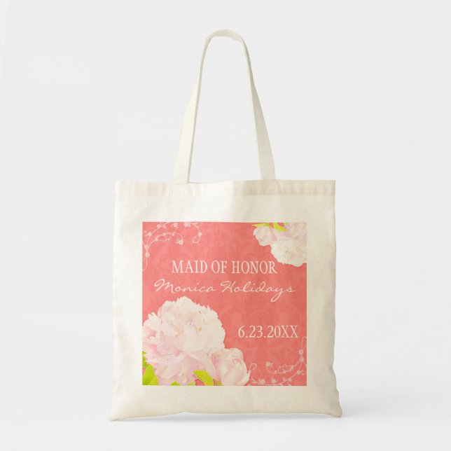 Peony Blossom Coral Wedding Maid of Honour Gift Tote Bag (Front)