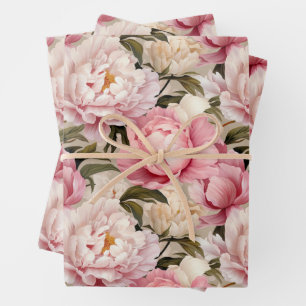 Peony Blossoms Large Pink White Repeat Pattern Wrapping Paper Sheet