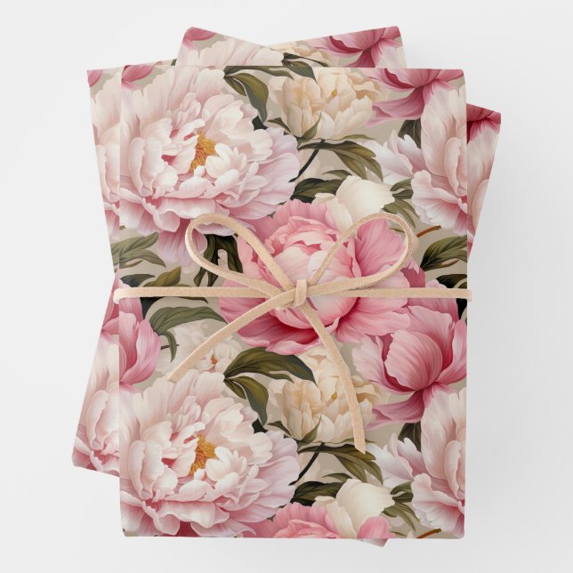 Peony Blossoms Large Pink White Repeat Pattern Wrapping Paper Sheet (In situ)