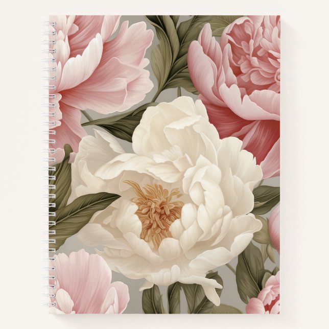 Peony Blossoms Pink White Feminine Print Notebook (Front)