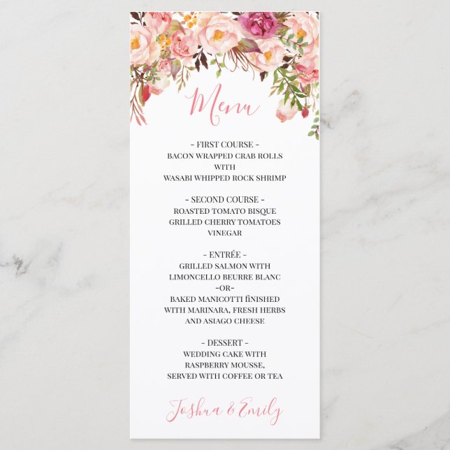  Peony Boho Pink Floral Wedding Menu (Front)