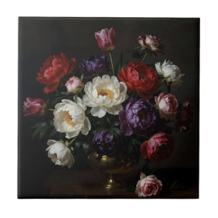Peony Bouquet Baroque Still Life Tile