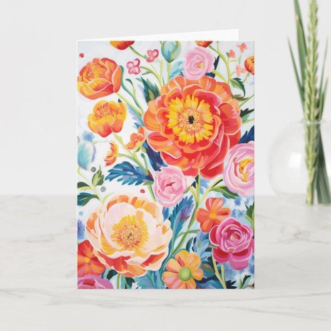 Peony Bouquet Bloom Abstract Art Holiday Card (Front)