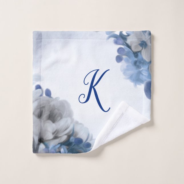 Peony Bouquet - Blue & Grey - Initial Washcloth Wash Cloth (Wash Cloth)