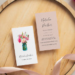 Peony Bouquet Business Card<br><div class="desc">Elegant vertical business cards for florists, floral designers or event planning professionals feature a vibrant bouquet of pink and peach watercolor peonies nestled inside a blue mason jar. Personalize with your name and/or business name beneath, and add your contact information to the reverse side on a chic blush pink background....</div>