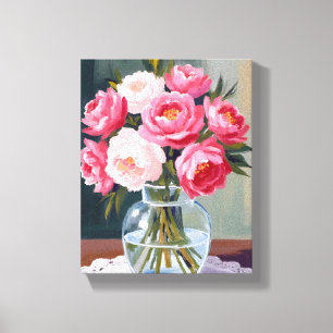 Peony Bouquet   Flower Vase Pink Watercolor Floral Canvas Print